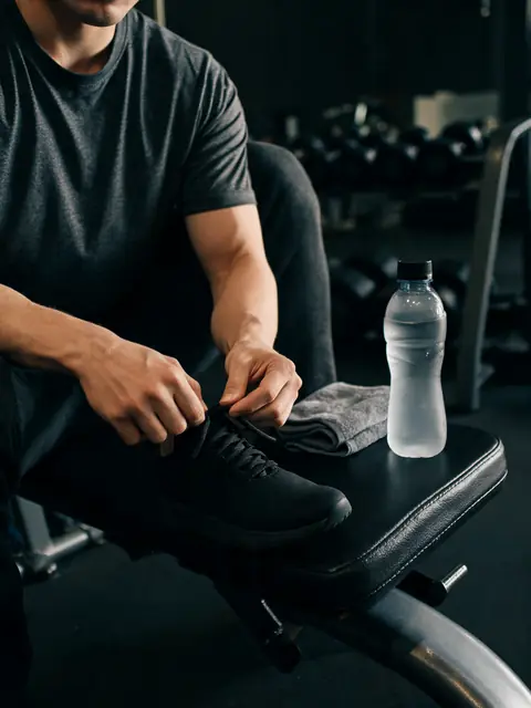 Persona atándose las zapatillas en un banco